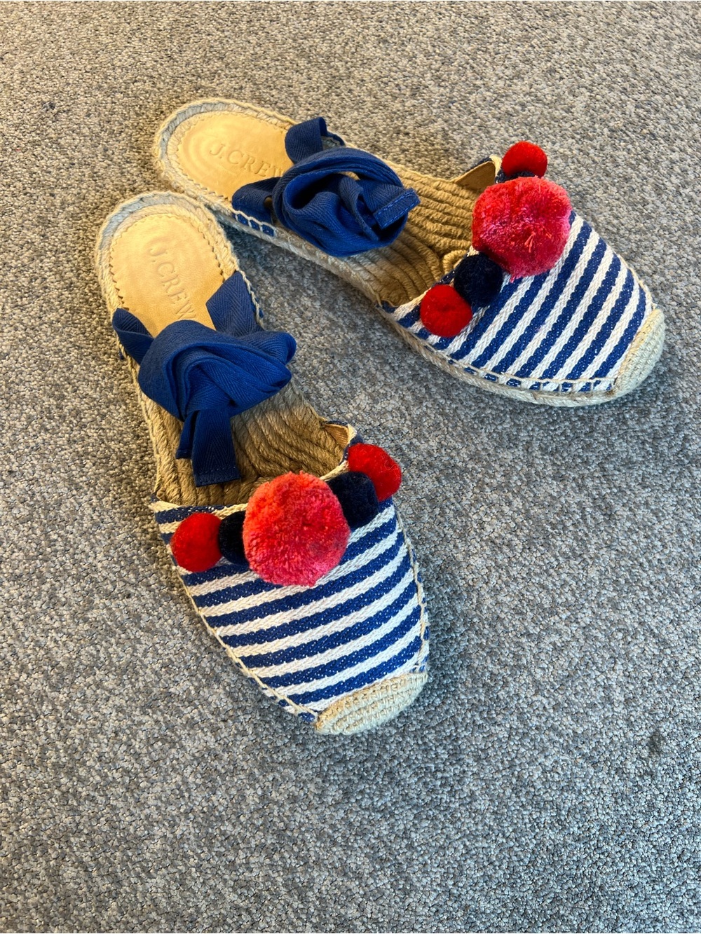 J. Crew Blue And White Striped Pom Pom Espadrille Slides